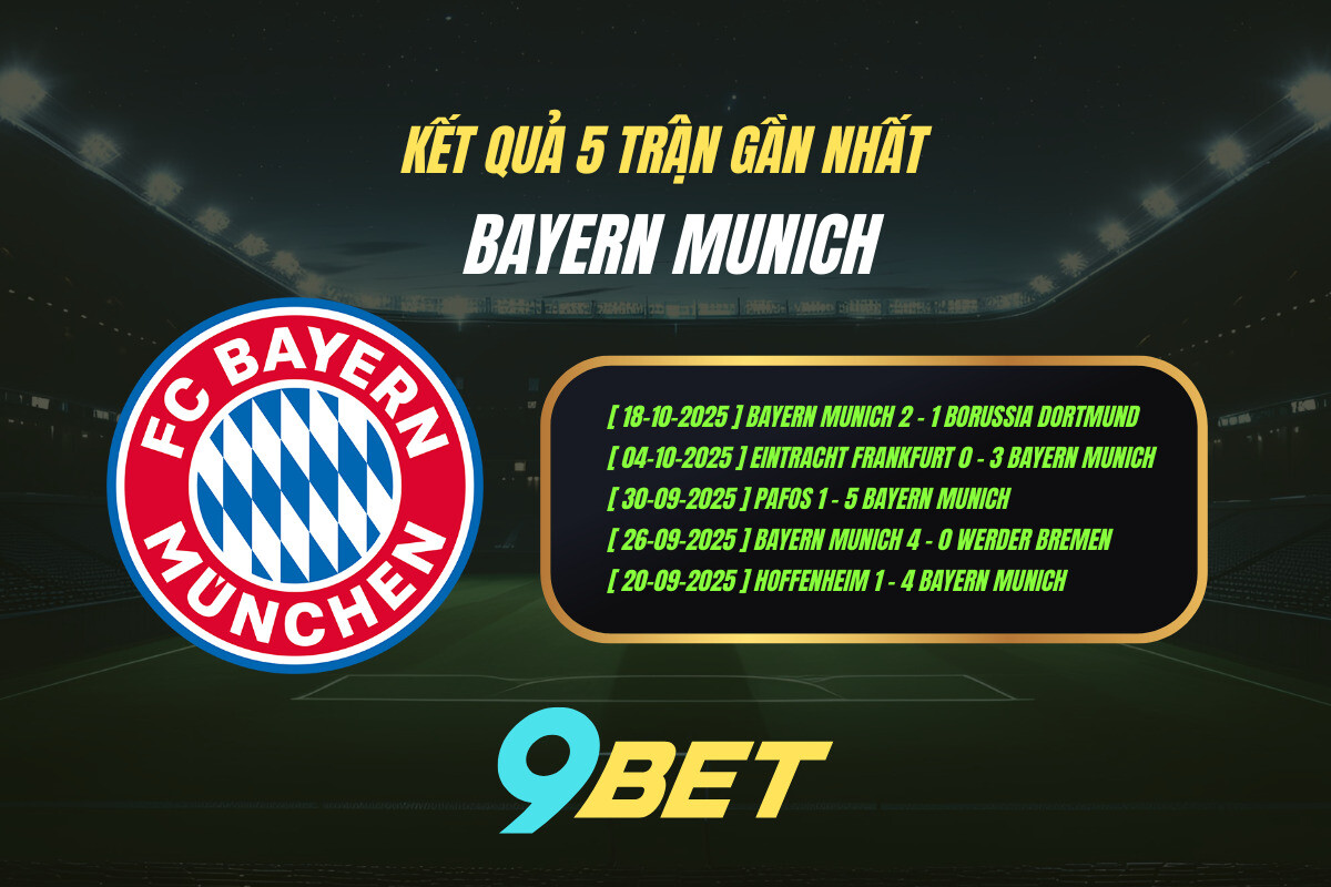 Thành Tích 5 Trận Gần Nhất Bayern Munich 9bet ( Tính đến 02h00 Ngày 23 10)