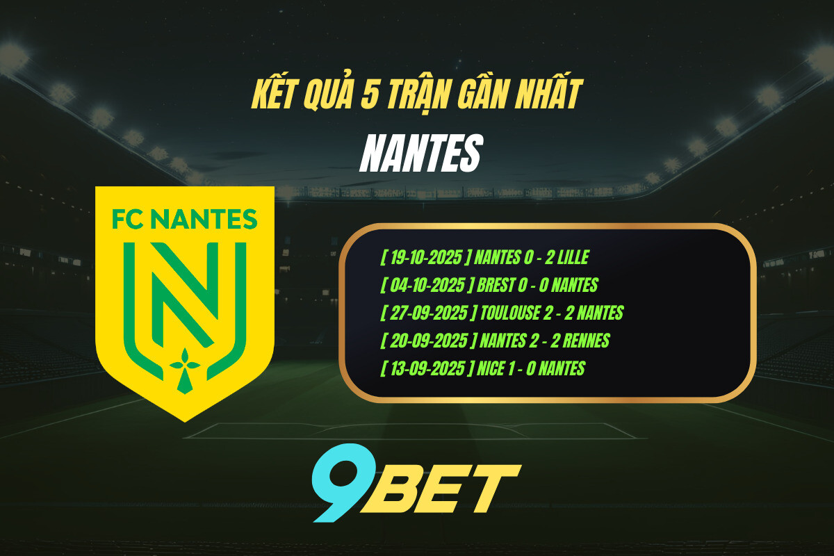 Thành Tích 5 Trận Gần Nhất Nantes 9bet ( Tính đến 01h45 Ngày 25 10)