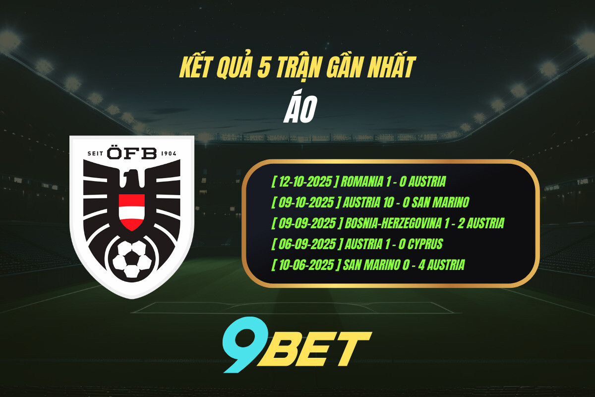 Thành Tích 5 Trận Gần Nhất Áo 9bet ( Tính đến 00h00 Ngày 16 11)