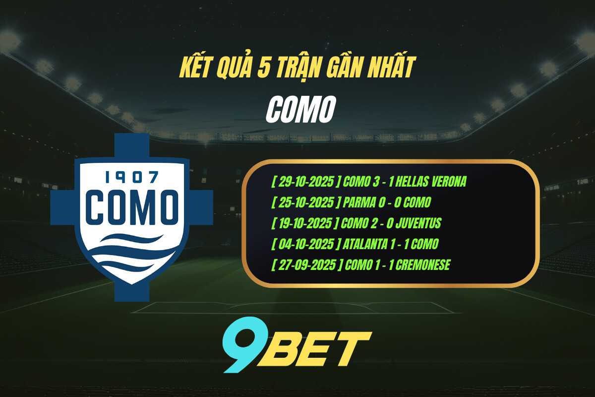 Kết quả 5 trận gần nhất Como - 9BET