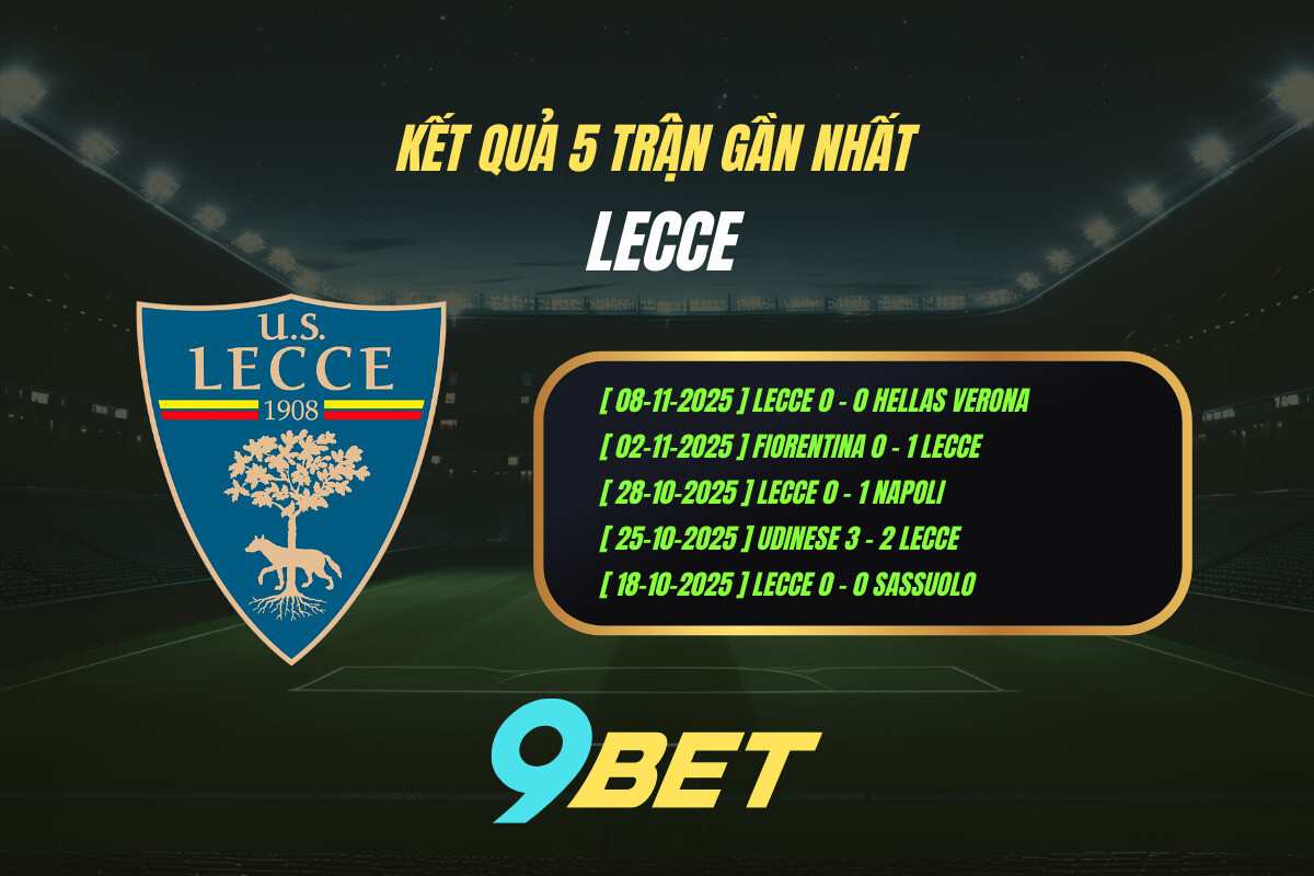 Thành Tích 5 Trận Gần Nhất Lecce 9bet ( Tính đến 00h00 Ngày 24 11)