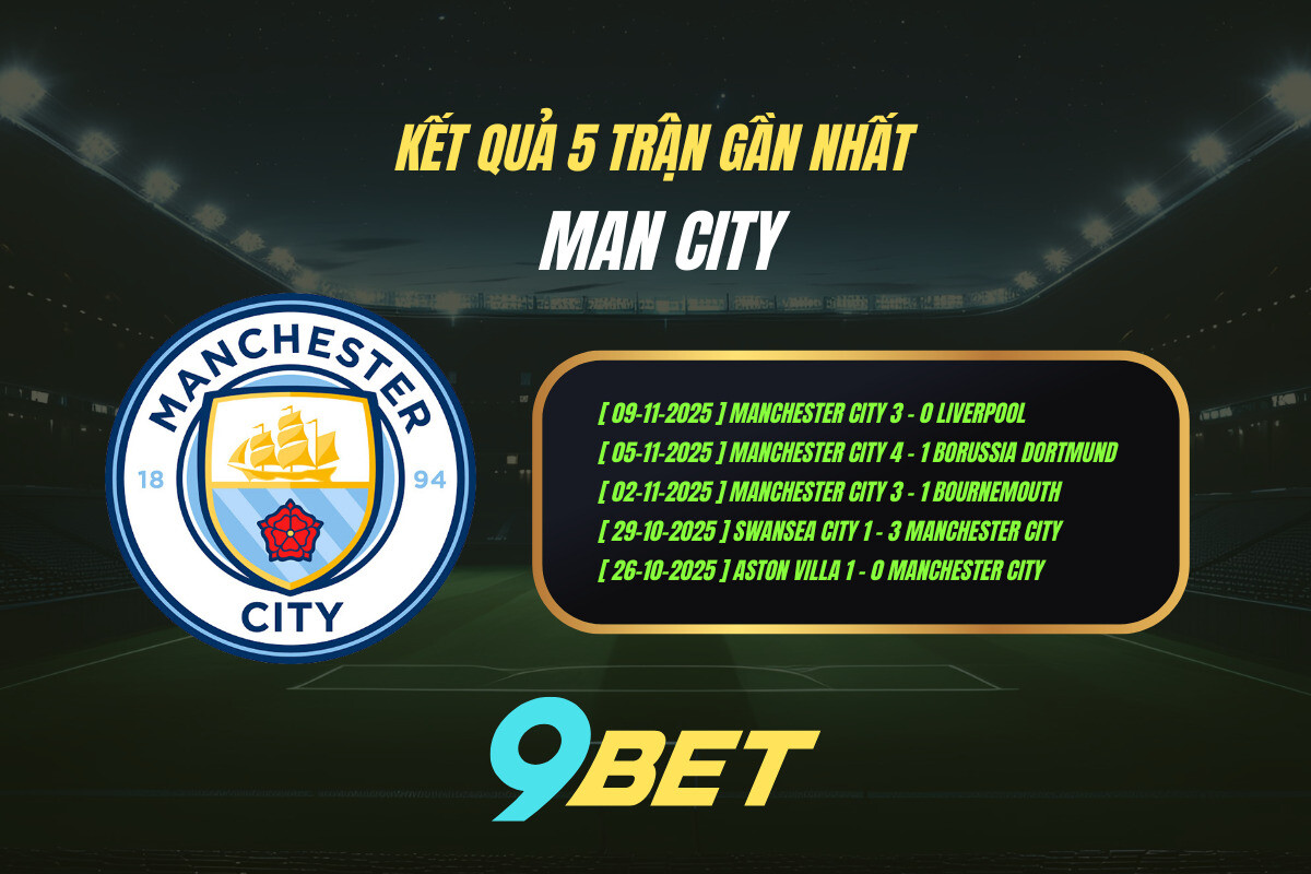 Thành Tích 5 Trận Gần Nhất Man City 9bet ( Tính đến 00h30 Ngày 23 11)