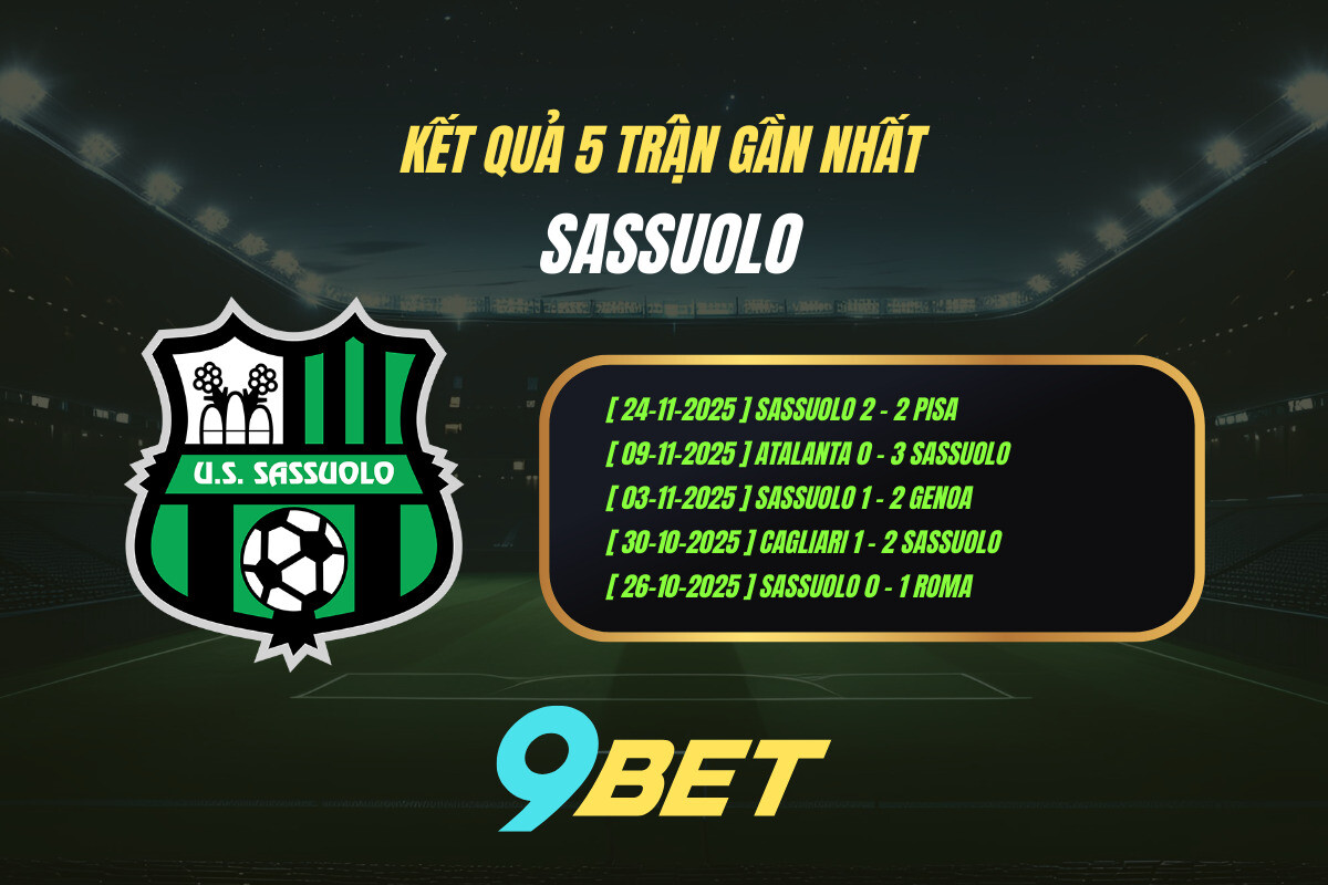 Thành Tích 5 Trận Gần Nhất Sassuolo 9bet ( Tính đến 02h45 Ngày 29 11)