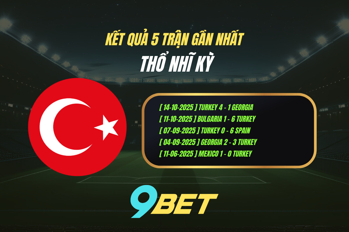 Thành Tích 5 Trận Gần Nhất Thổ Nhĩ Kỳ 9bet ( Tính đến 00h00 Ngày 16 11)