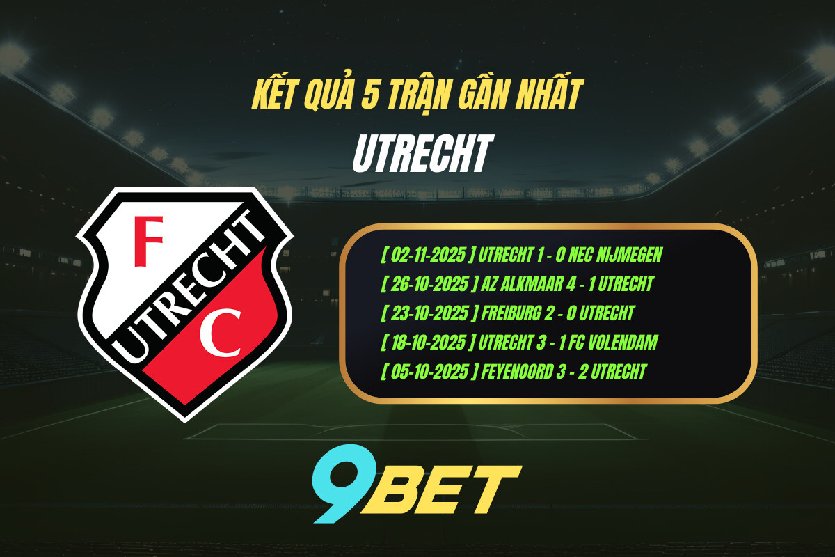 Kết quả 5 trận gần nhất Utrecht - 9BET