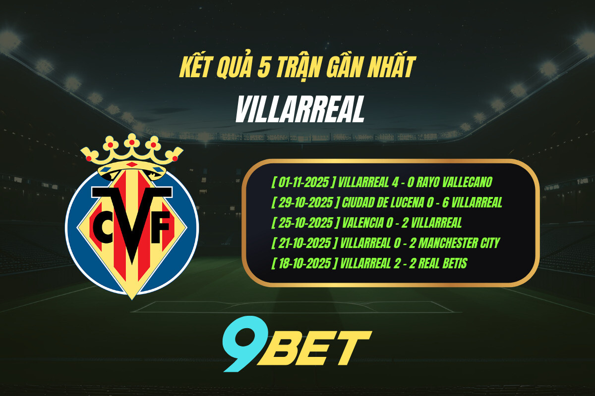 Thành Tích 5 Trận Gần Nhất Villarreal 9bet ( Tính đến 00h45 Ngày 6 11)