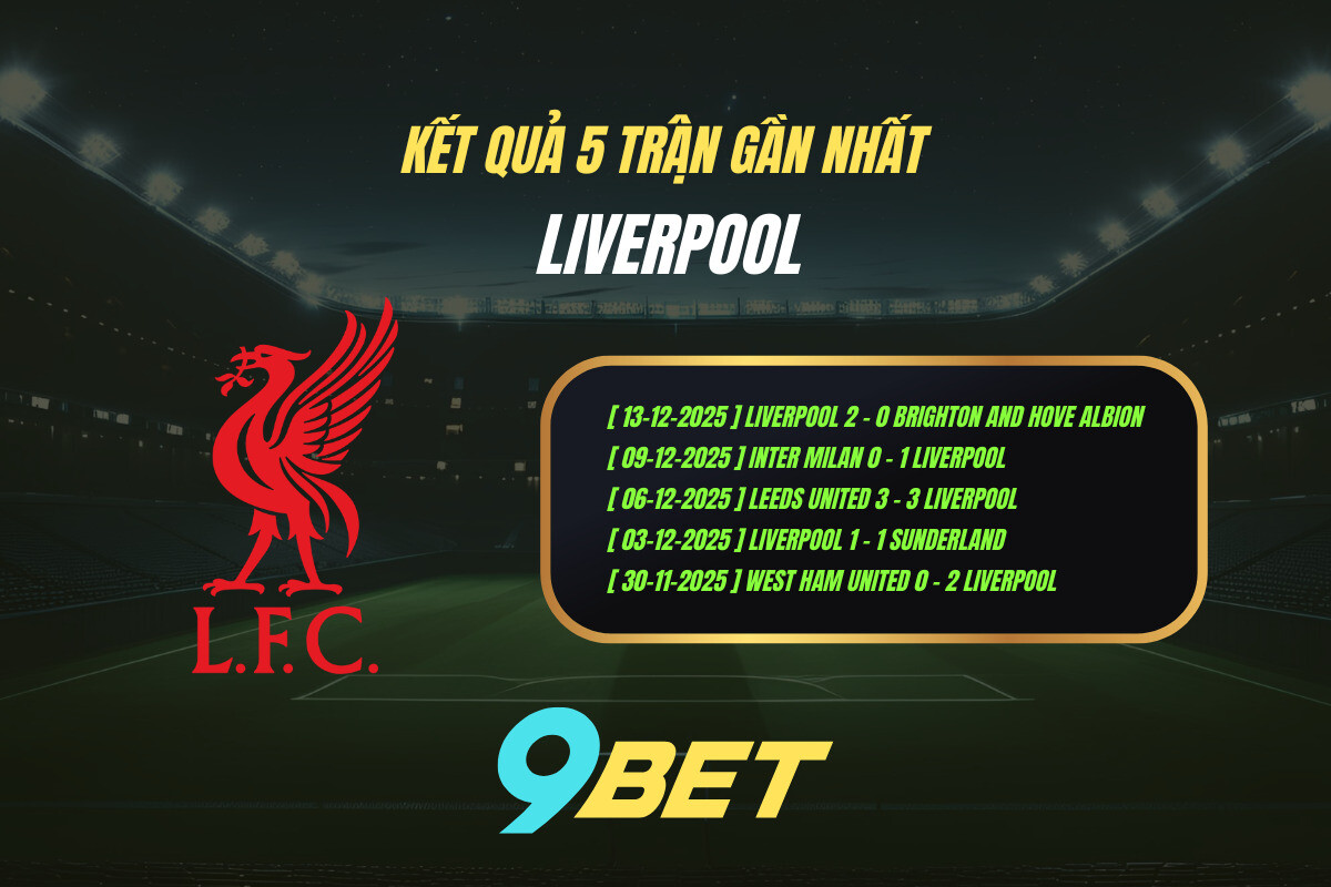 Thành Tích 5 Trận Gần Nhất Liverpool 9bet ( Tính đến 00h30 Ngày 21 12)