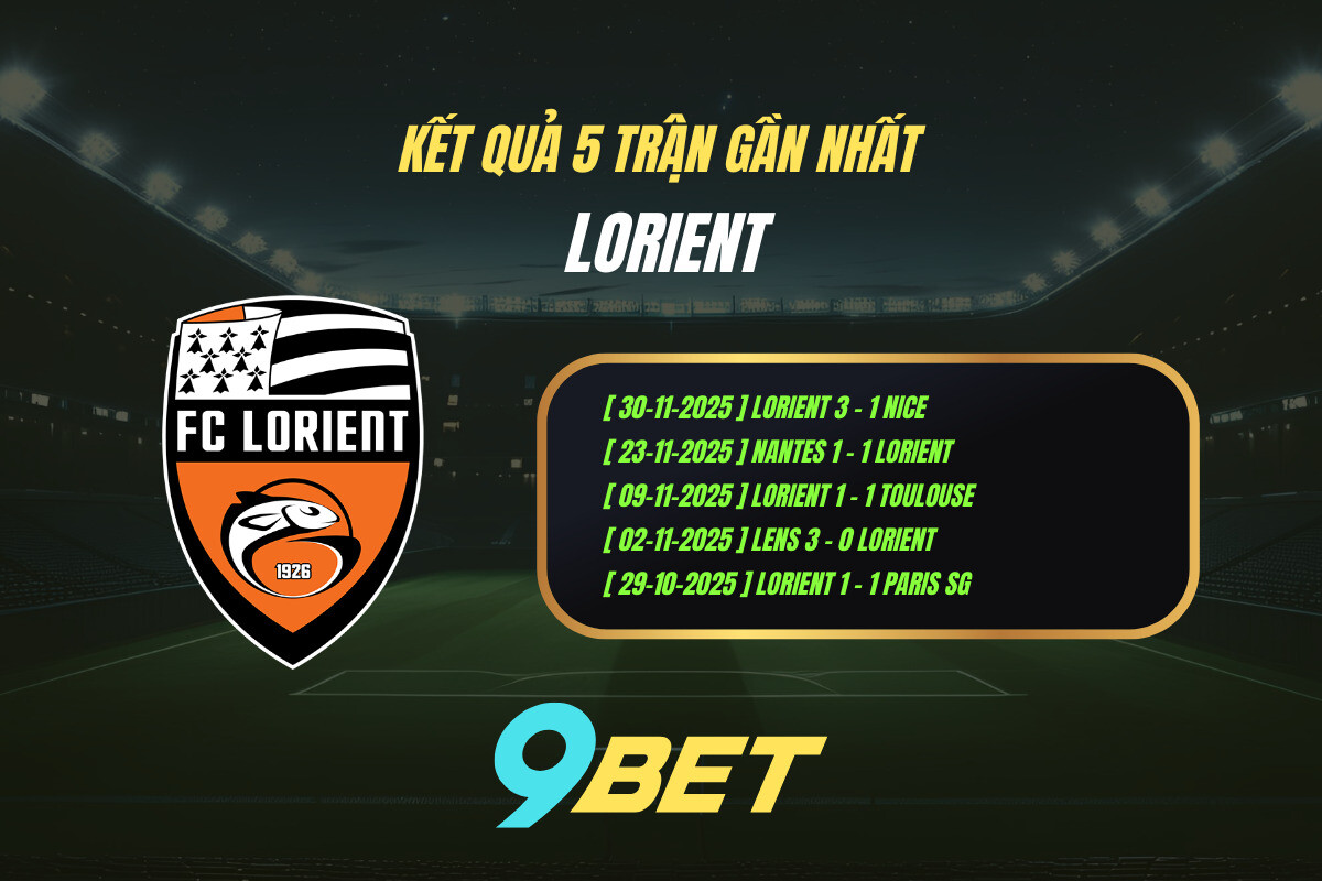 Kết quả 5 trận gần nhất Lorient - 9BET