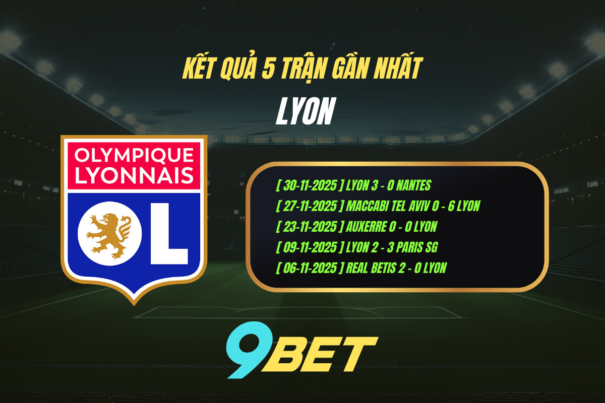 Kết quả 5 trận gần nhất Lyon - 9BET