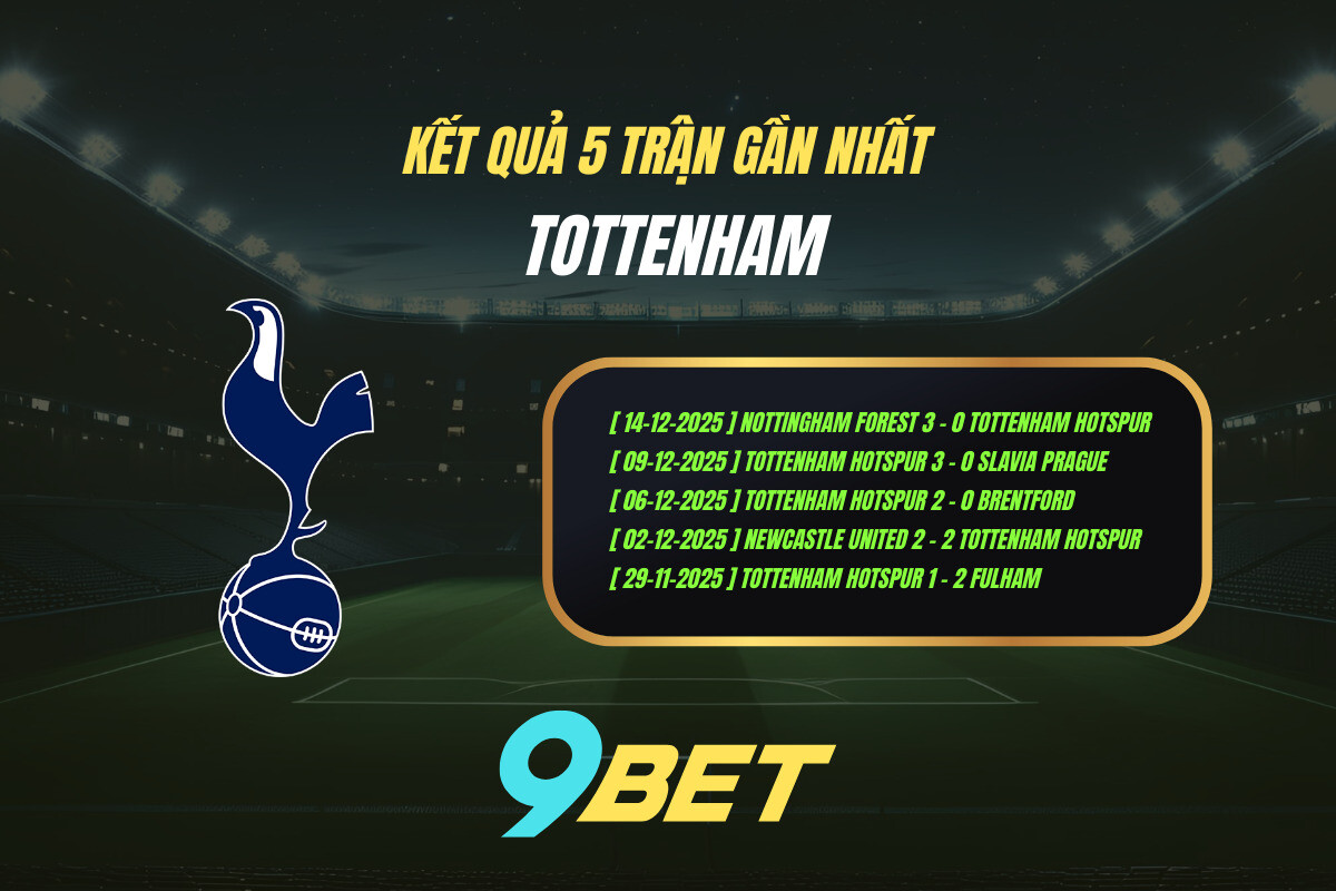 Thành Tích 5 Trận Gần Nhất Tottenham 9bet ( Tính đến 00h30 Ngày 21 12)