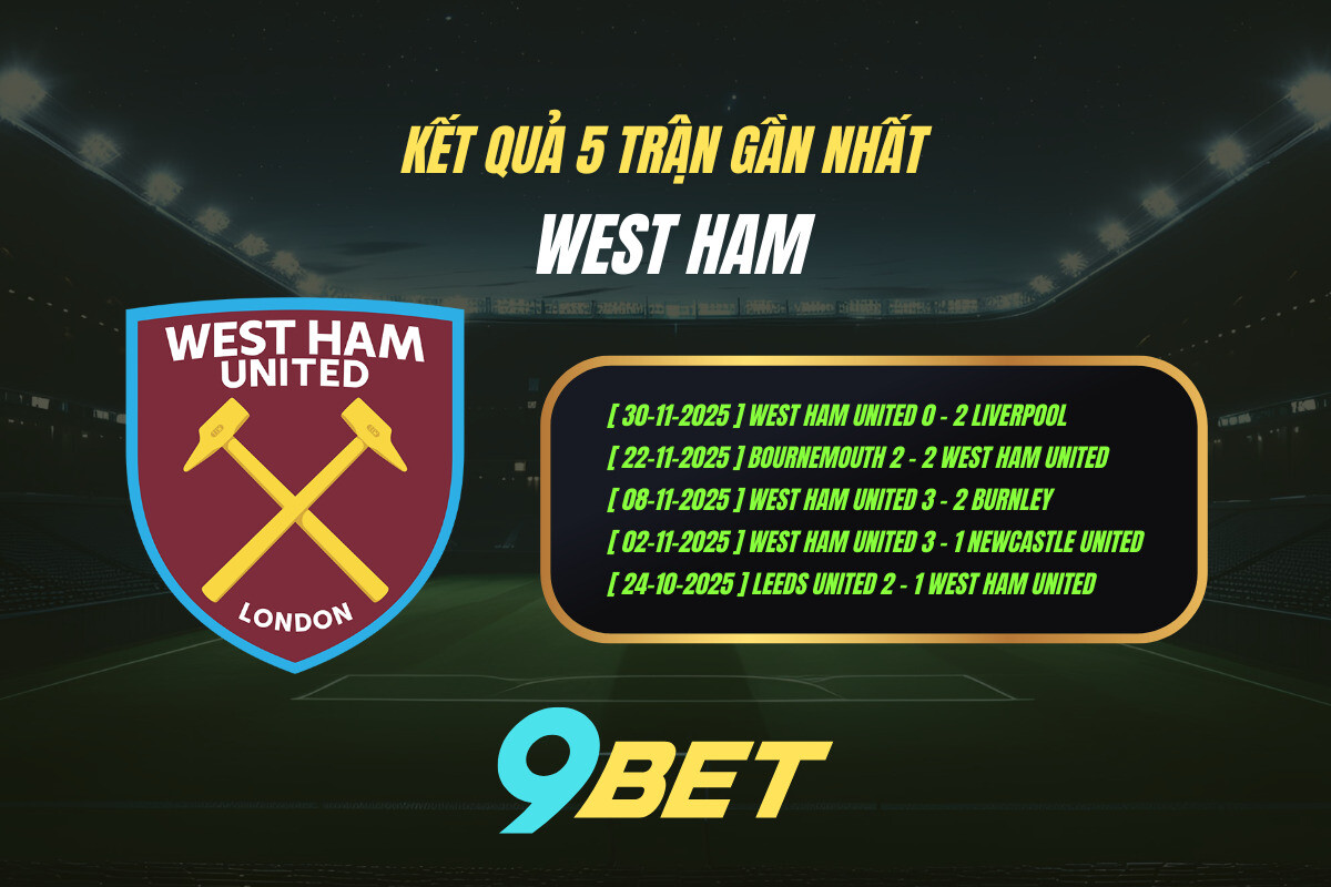 Thành Tích 5 Trận Gần Nhất West Ham 9bet ( Tính đến 03h00 Ngày 5 12)